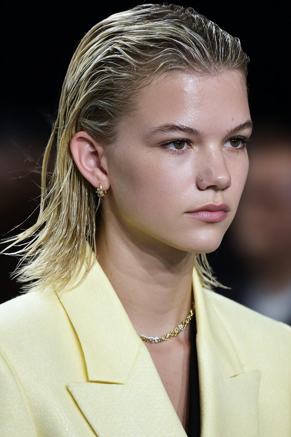 21. Beliebte Frisuren 2026: Wet-Look-Frisur mit zurückgekämmtem Ansatz und matten Spitzen