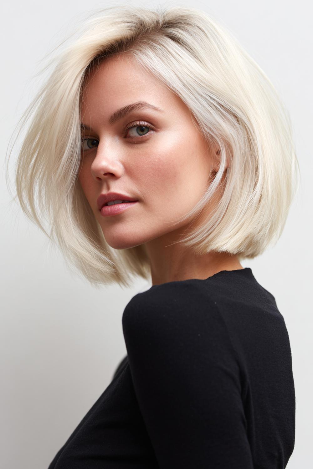 2. Blond Haar Trends 2026: Rooted Platinum Bob mit klarer Kontur