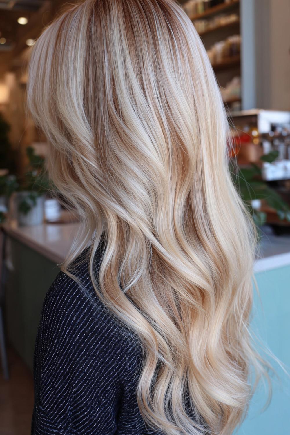 5. Blond Haar Trends 2026: Butterblond Lowlights für mehr Tiefe in langen Wellen