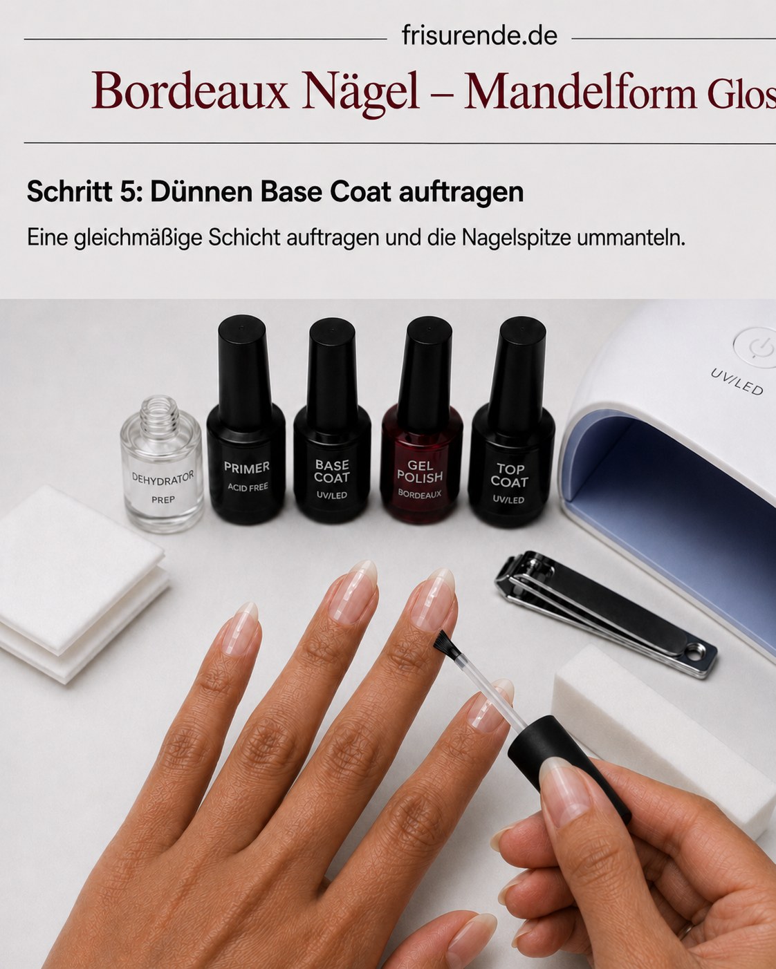 Dünner Base Coat wird für die Bordeaux Nägel in Mandelform aufgetragen und ummantelt