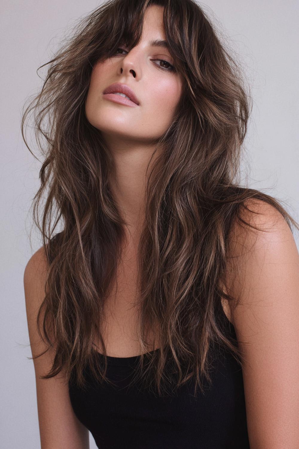 6. Braun Haar Inspiration 2026: Walnussbrauner Shag mit undone Textur und Micro-Layers
