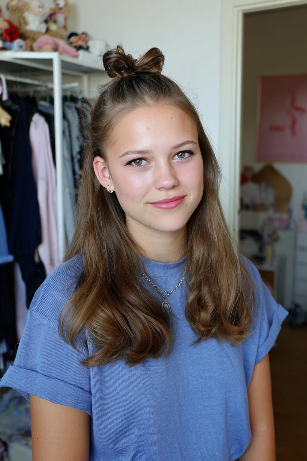 7. Einfache Frisuren 2026: Half-Up Mini-Bun mit Mittelscheitel und lockeren Enden