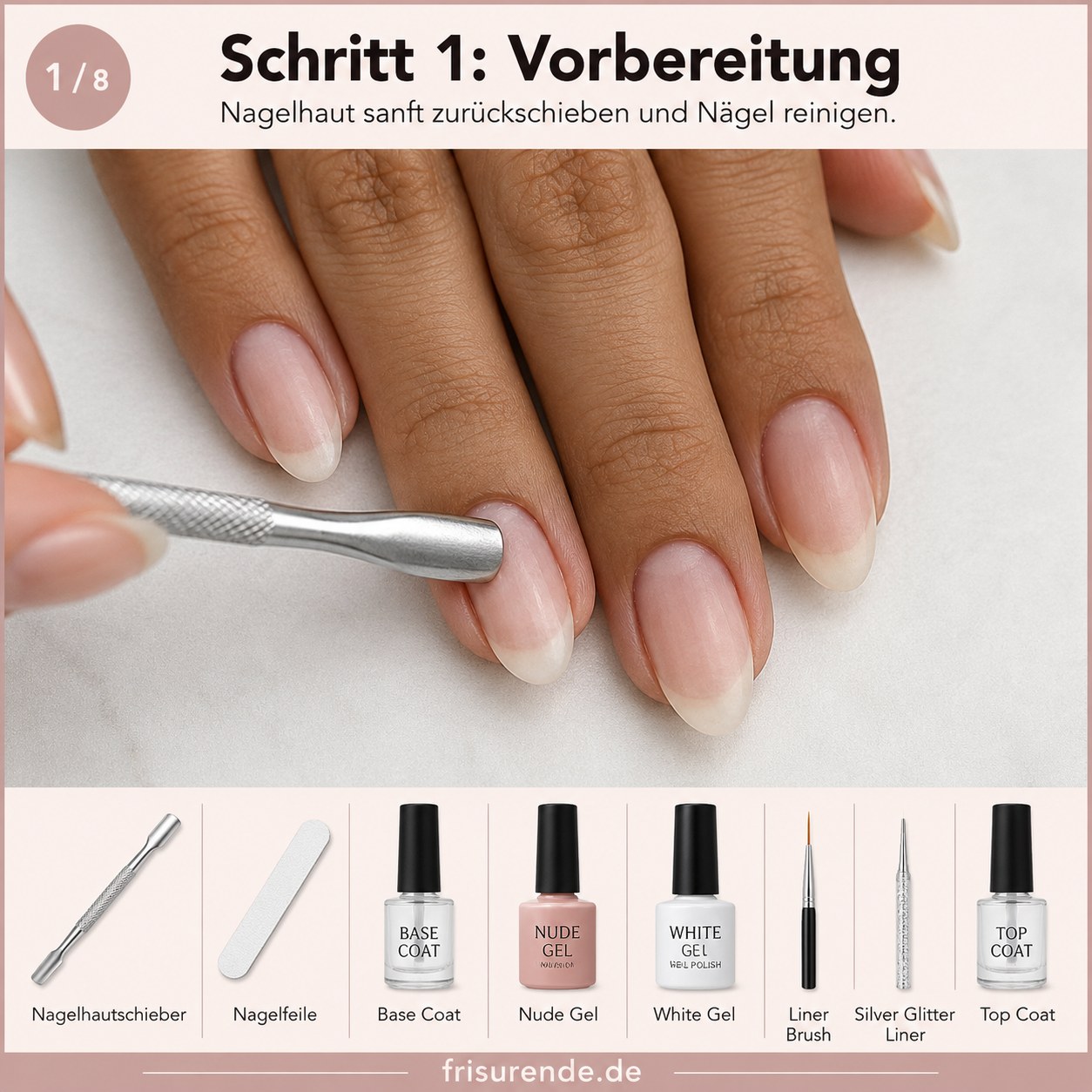 Nagelhautschieber bereitet die Nägel sorgfältig vor, der erste Schritt zu French Tip Mandelform Nägeln