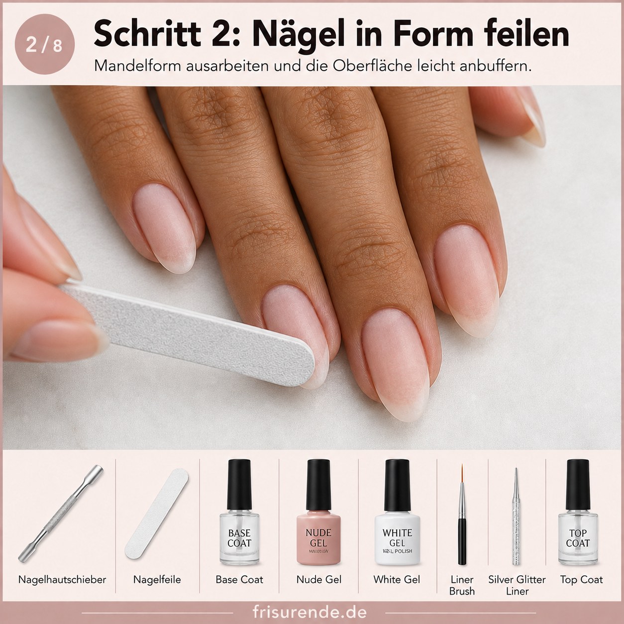 Nagelfeile arbeitet die elegante Mandelform heraus, die Basis für French Tip Mandelform Nägel
