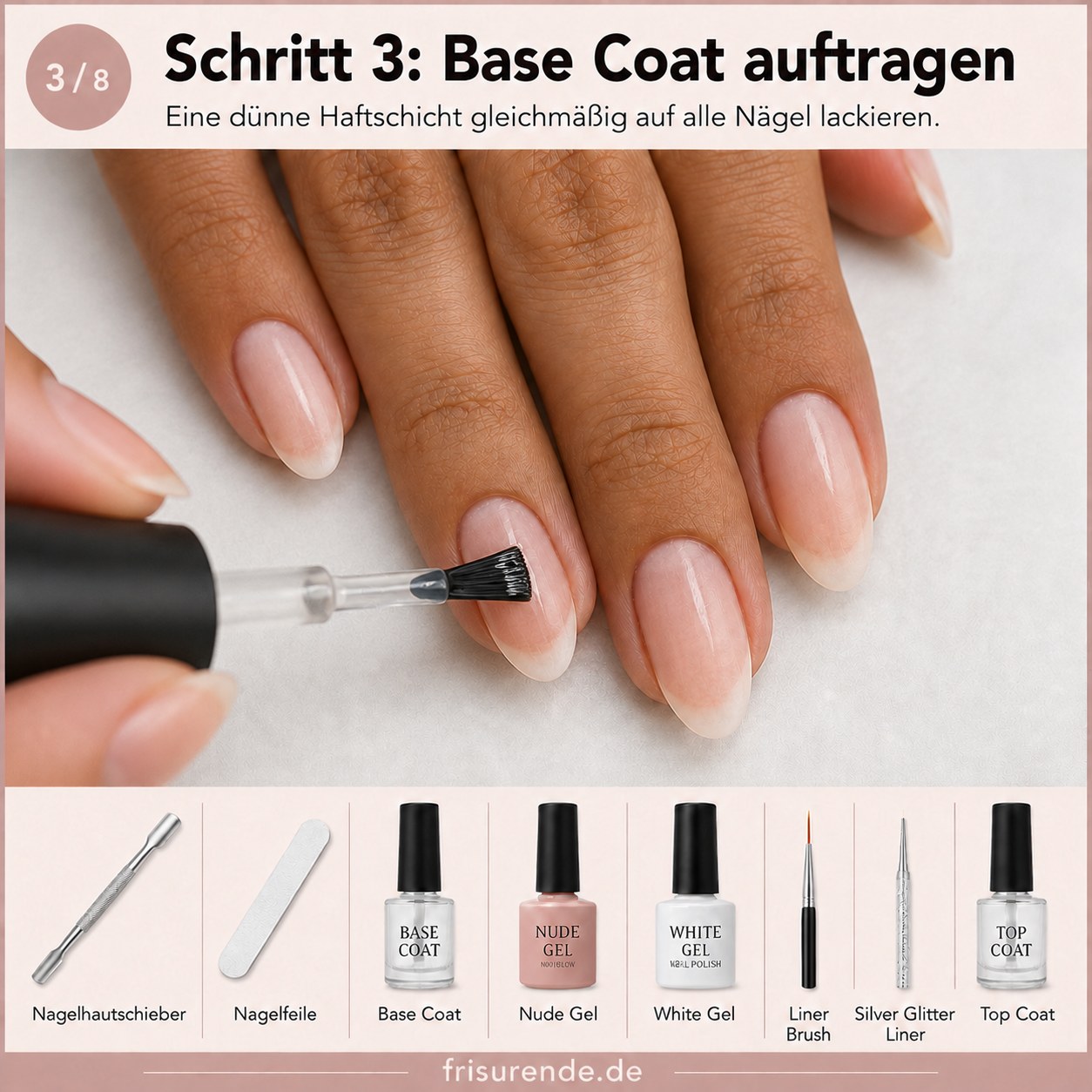 Ein dünner Base Coat wird gleichmäßig aufgetragen, bevor die French Tip Mandelform Nägel entstehen