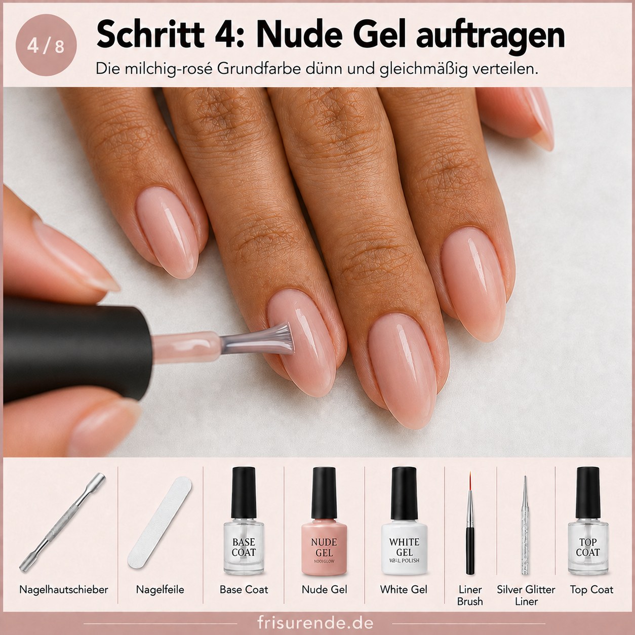 Milchig-rosé Nude Gel bildet die Grundfarbe der French Tip Mandelform Nägel in Nahaufnahme