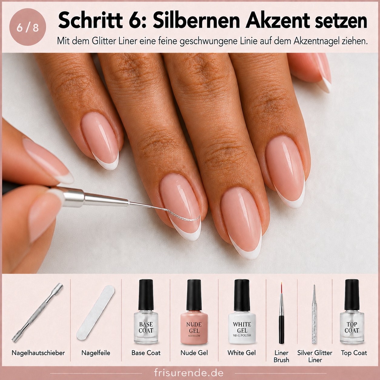 Silber Glitter Liner setzt einen eleganten Akzent auf den French Tip Mandelform Nägeln