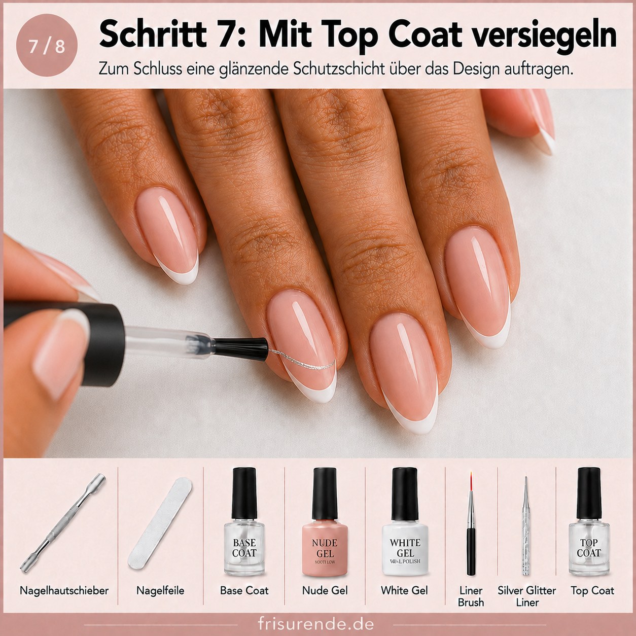 Glänzender Top Coat versiegelt das fertige Design der French Tip Mandelform Nägel