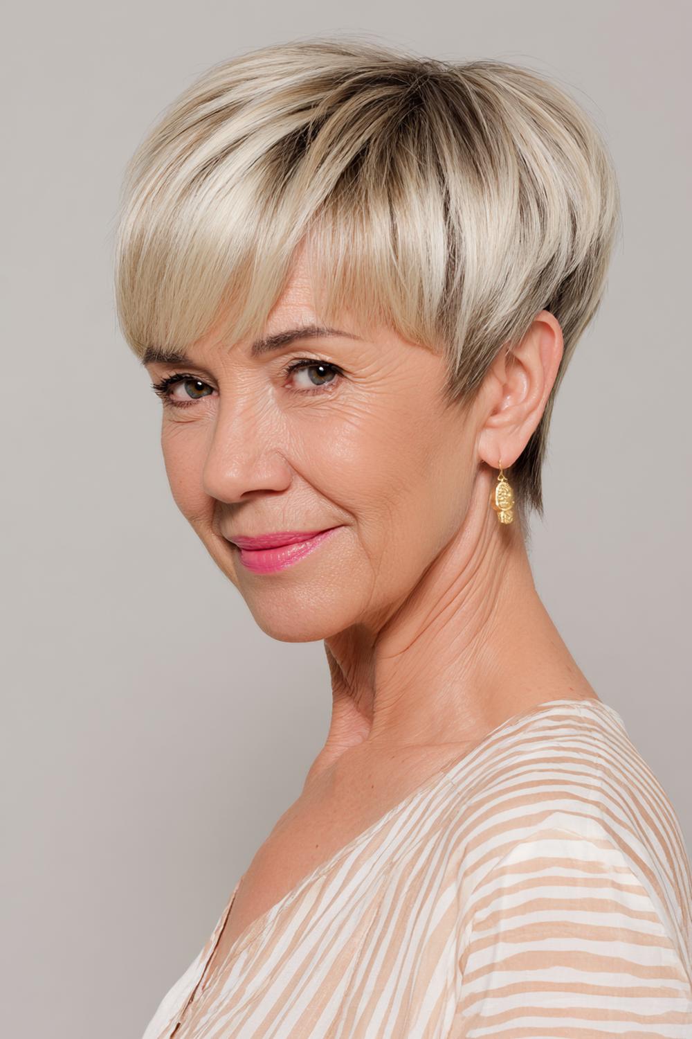 11. Frisur 2026 Frauen ab 50: Pixie mit langen Deckhaaren und seitlichem Pony