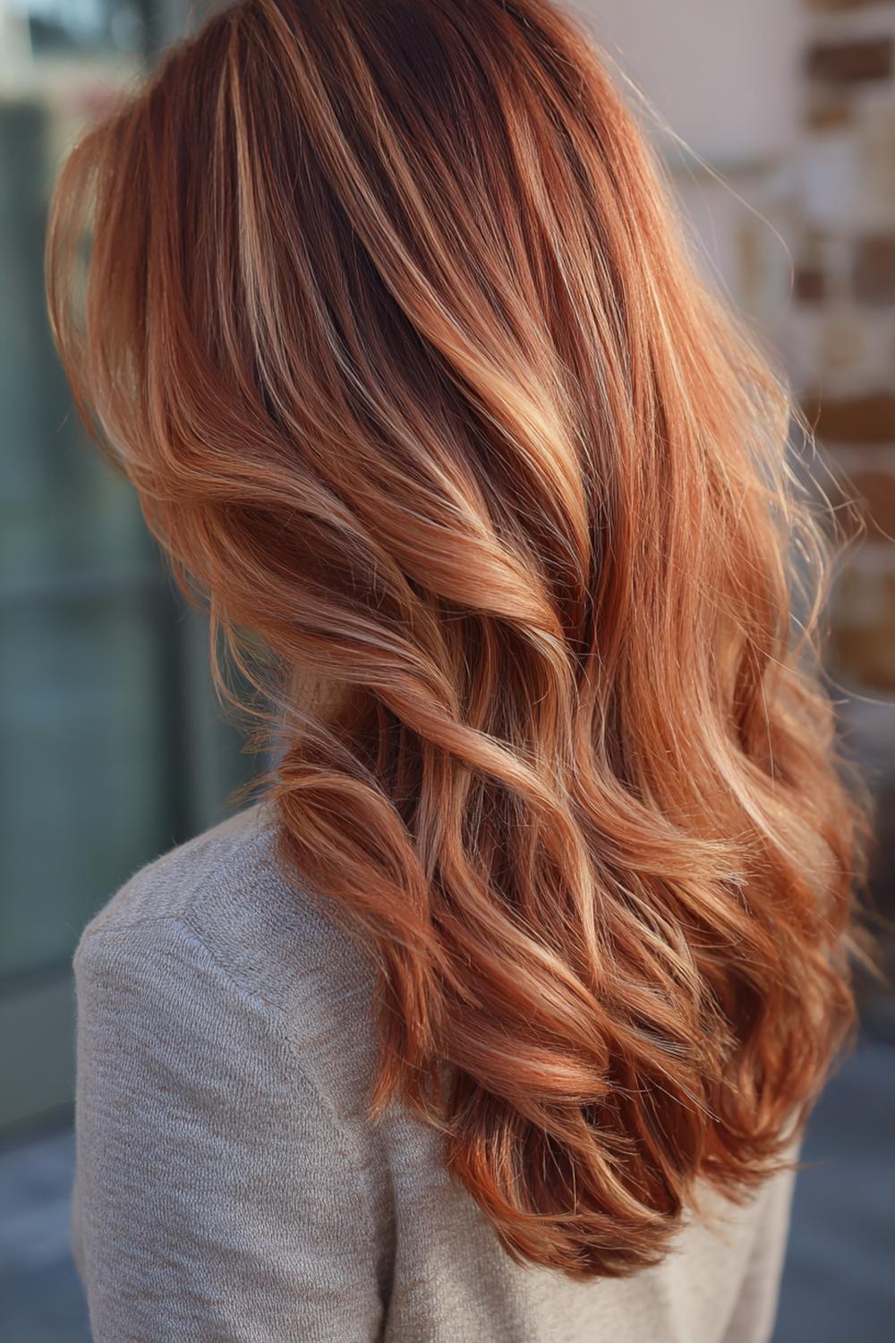 10. Frühlings Haarideen 2026: Kupfer-Glow-Wellen mit sanftem Balayage-Verlauf und Sonnenlicht-Effekt