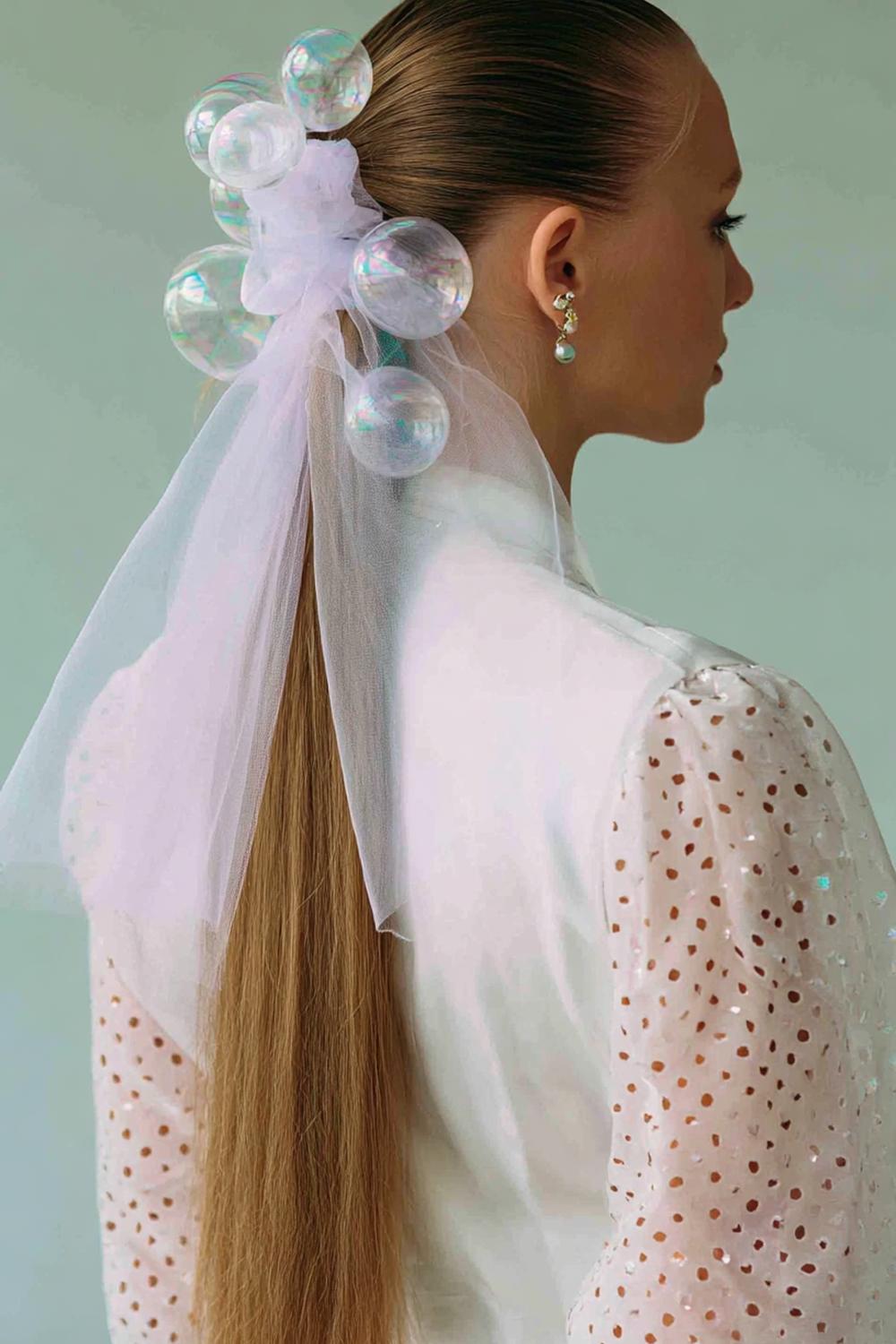 8. Frühlingsfrisuren 2026: Bubble Ponytail mit Satinband und klaren Segmenten