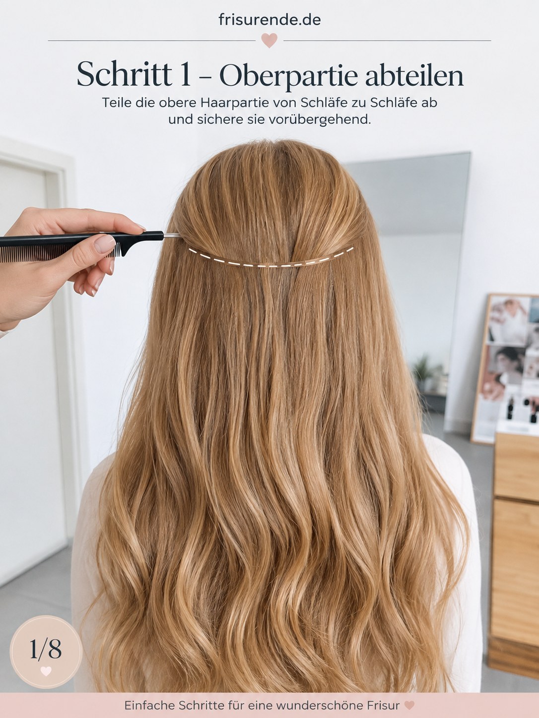 Friseurhände teilen die Oberpartie für eine halboffene Frisur mit Locken und Twist ab