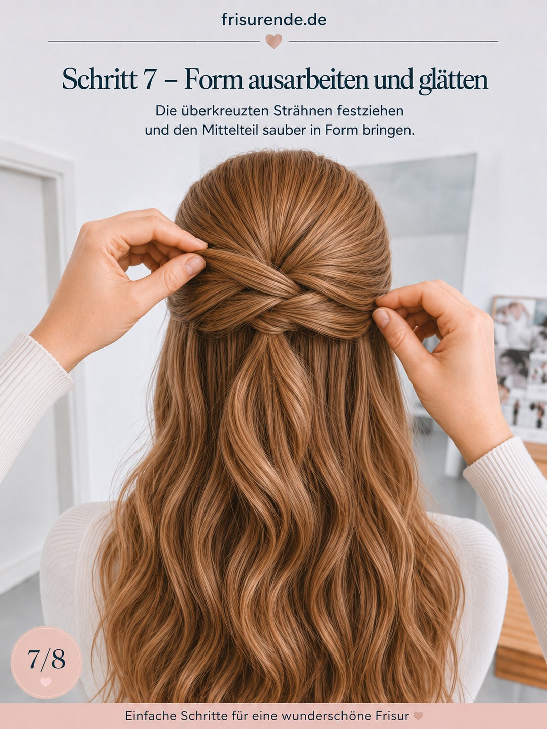 Überkreuzte Strähnen werden festgezogen, um die halboffene Frisur mit Twist zu glätten