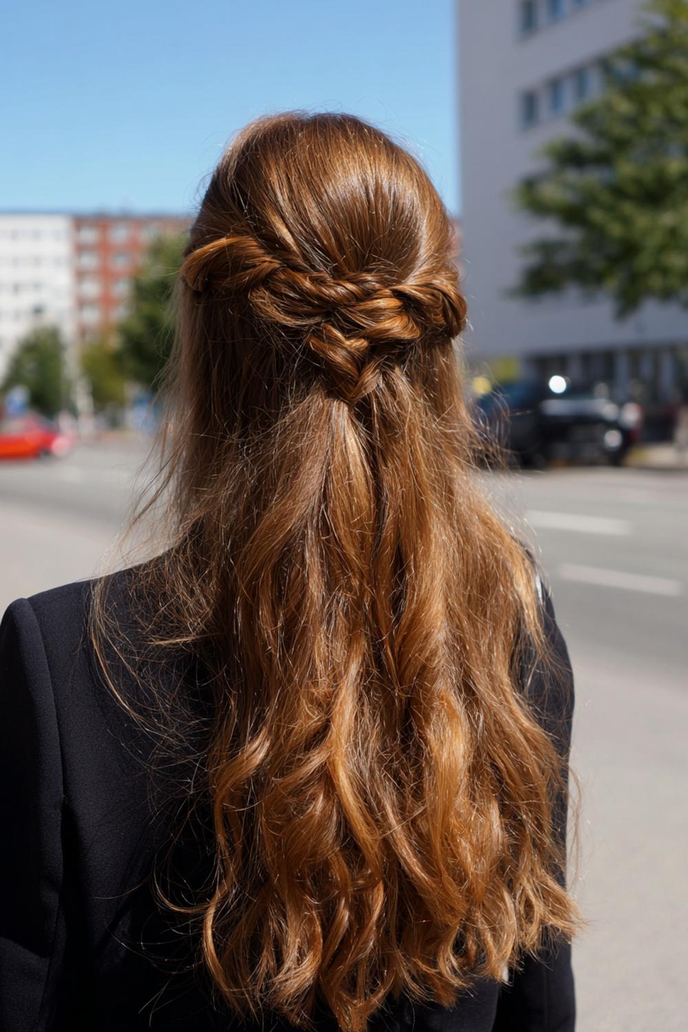 6. Half Up Half Down Frisur mit geflochtener Krone und Perlenpins