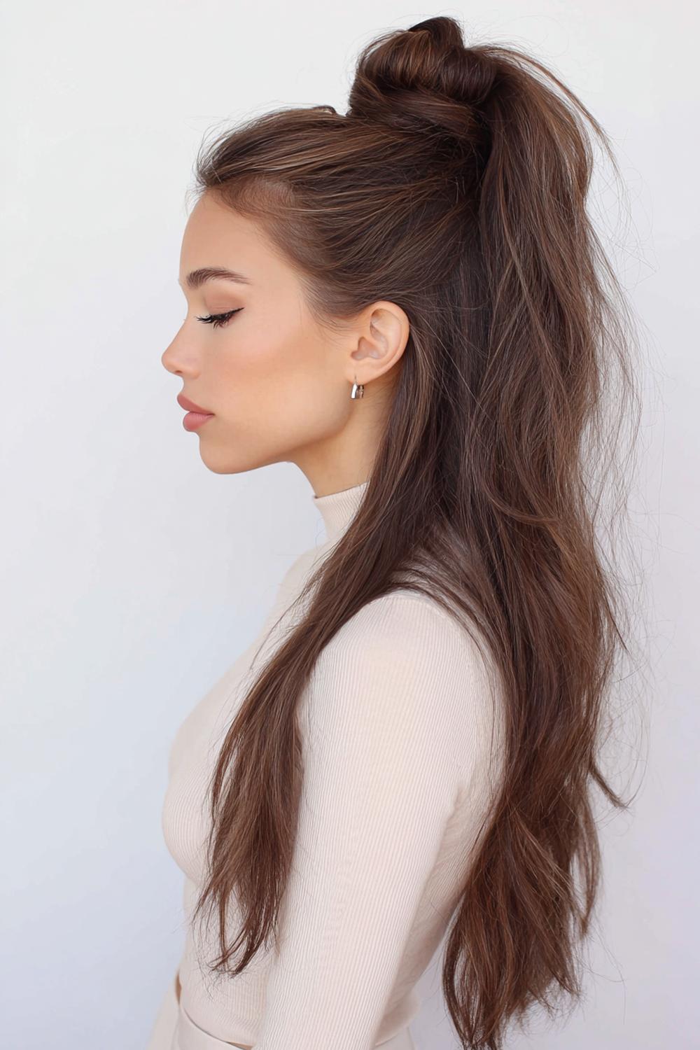 7. Half Up Half Down Frisur mit High-Crown-Pouf und Retro-Volumen