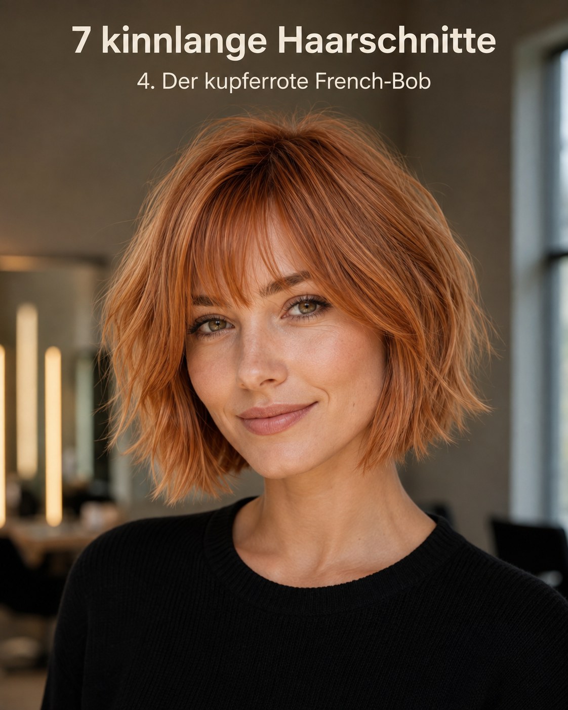 Kupferroter French-Bob mit Pony als kinnlanger Haarschnitt mit warmem Farbton