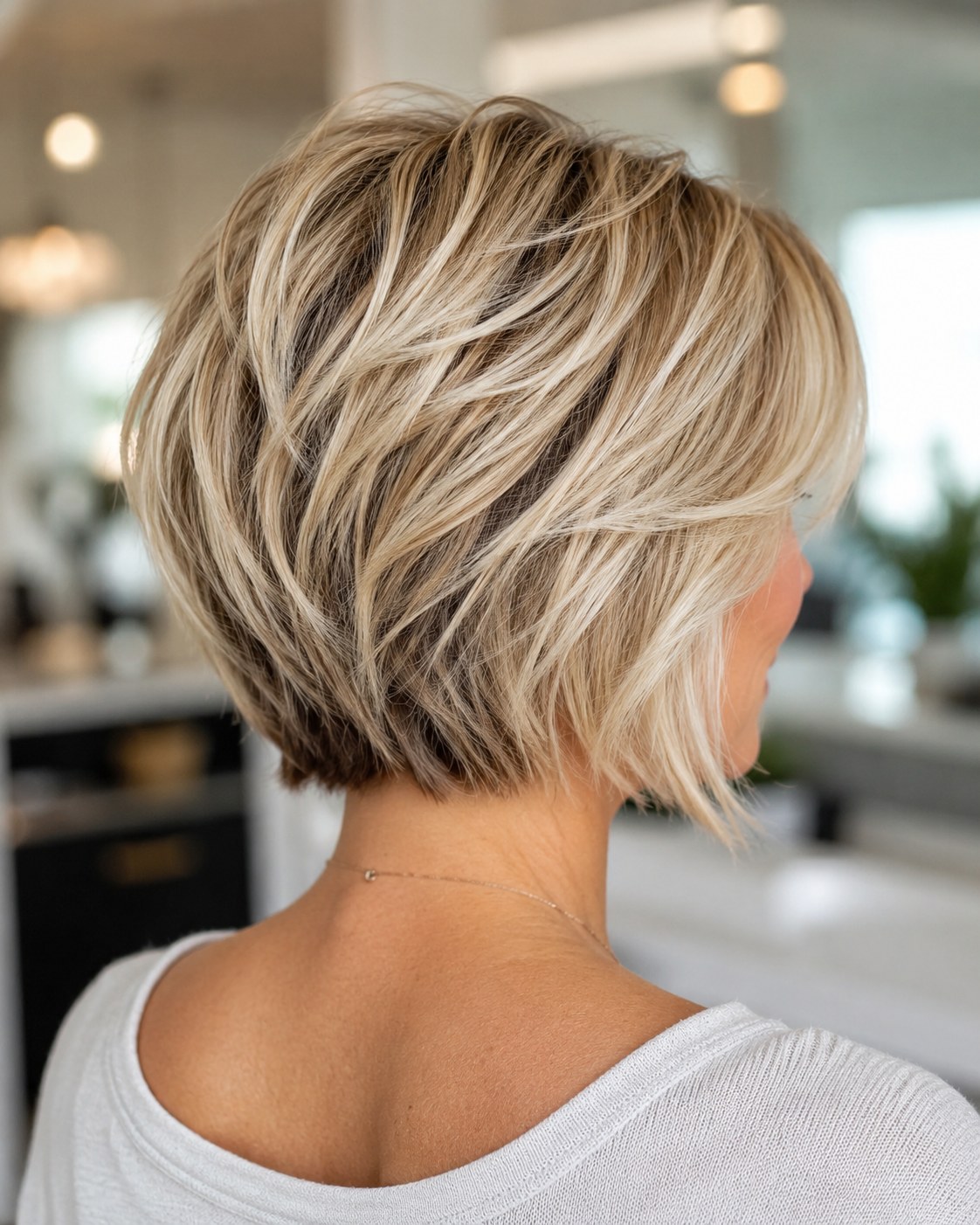 Layered Bob von hinten mit gestufter Nacken-Graduation und blonden Balayage-Strähnen
