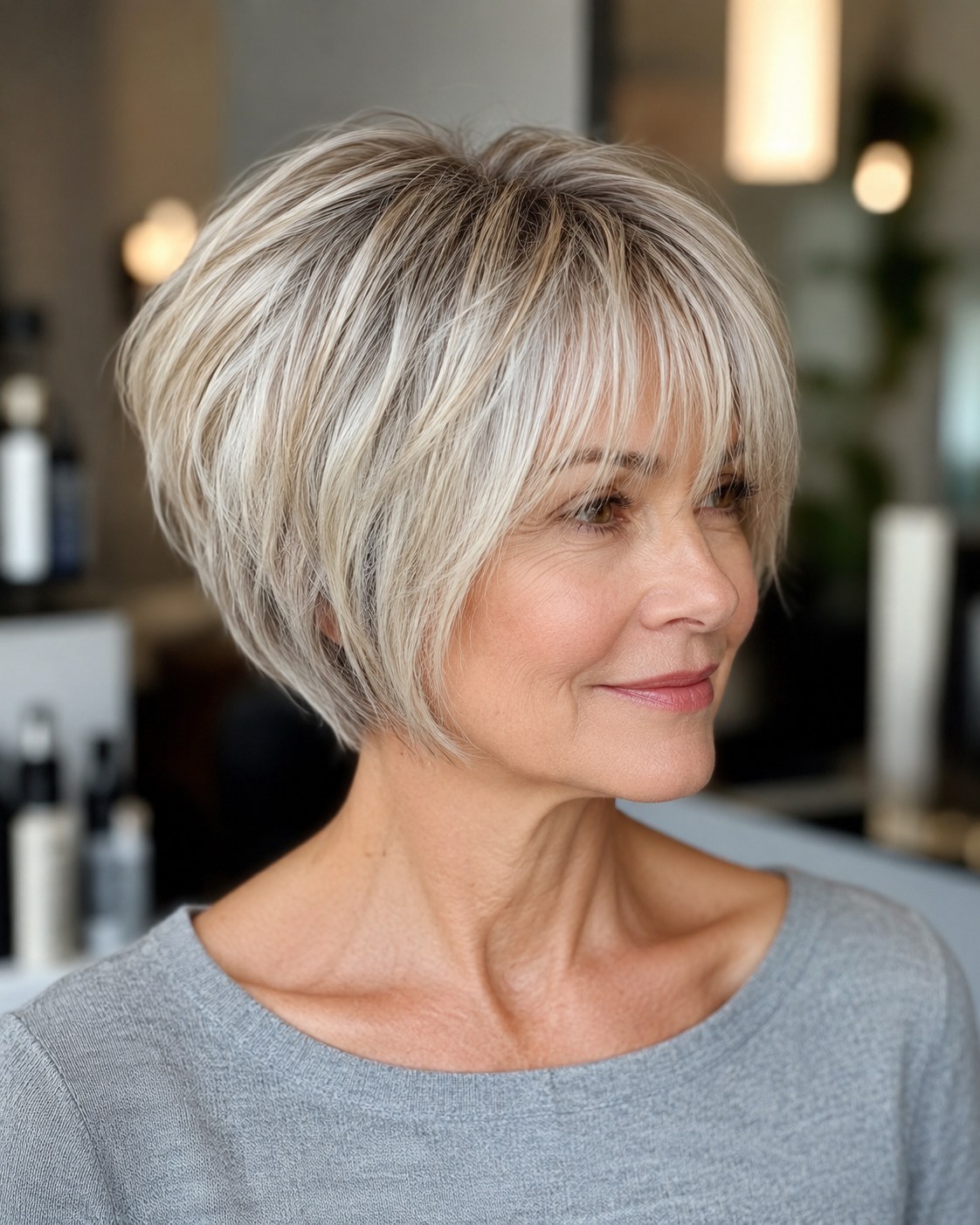 Kurzer layered Bob mit starker Stufung am Oberkopf und rundem Nackenabschluss in Blond-Grau