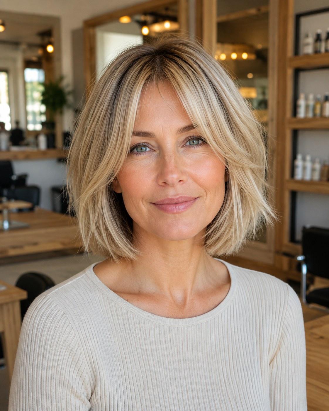 Blonder one-length layered Bob mit Mittelscheitel und dezenter Stufung an den Spitzen