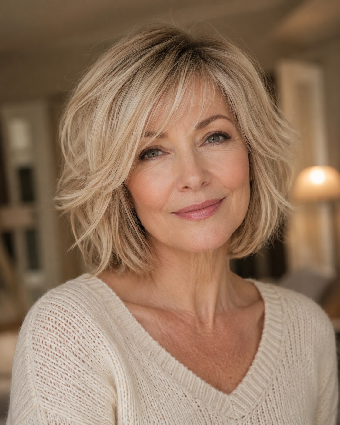 Voluminöser wellig-blonder layered Bob mit seitlichem Pony und S-Wellen-Styling
