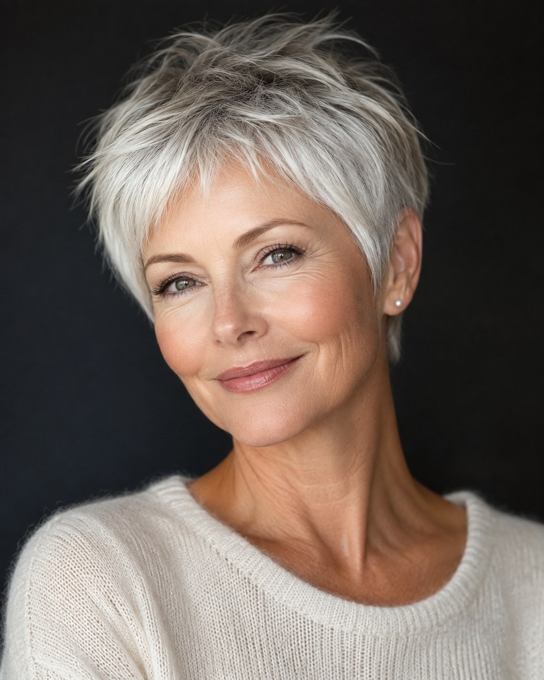 Silber-Pixie mit spiky Layers als kurze Konsequenz des layered Bob Prinzips ab 50