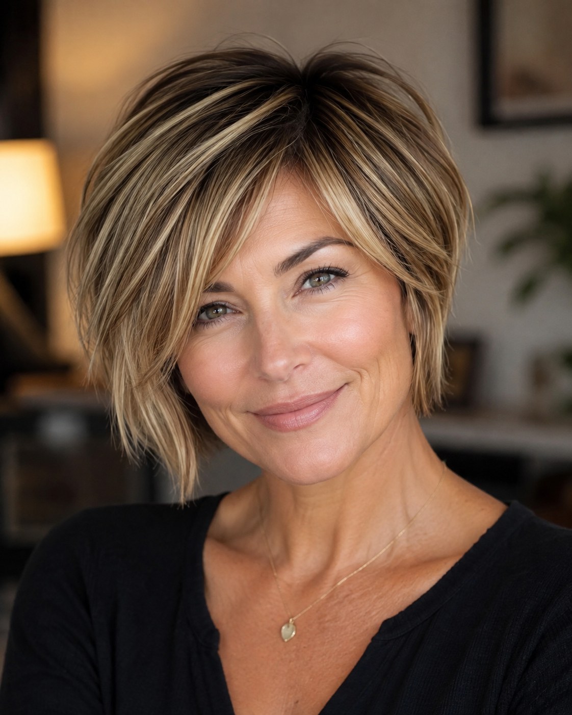 Side-Swept Fringe Bob mit dunklen Ansätzen und hellen Balayage-Layern für rundes Gesicht