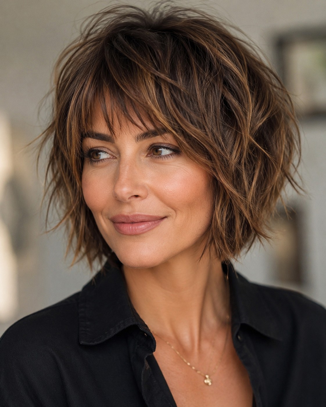 Shag-Bob mit durchgehenden Layers und wispy Curtain Bangs in brauner Karamellfarbe