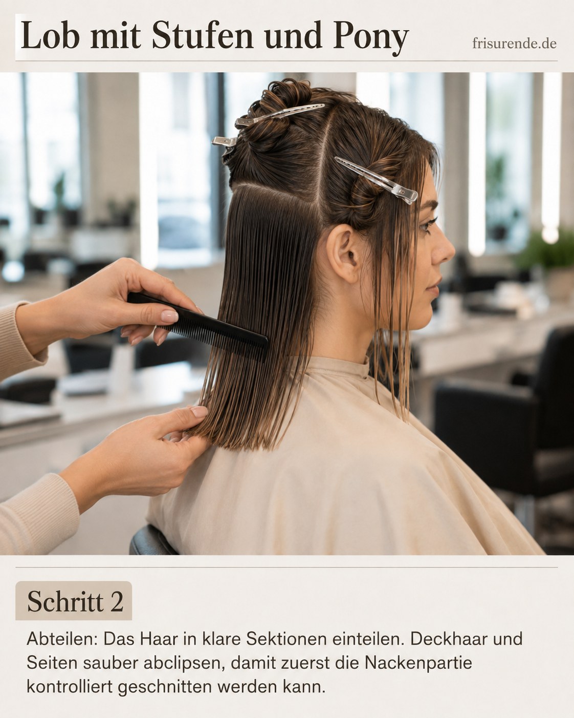 Beim Lob mit Stufen und Pony werden die Haarpartien zuerst sauber mit Clips abgeteilt