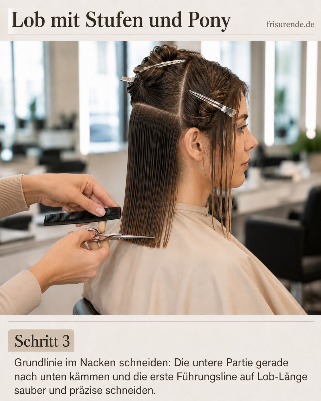 Die Grundlinie im Nacken bildet die erste Führungslinie für den Lob mit Stufen und Pony