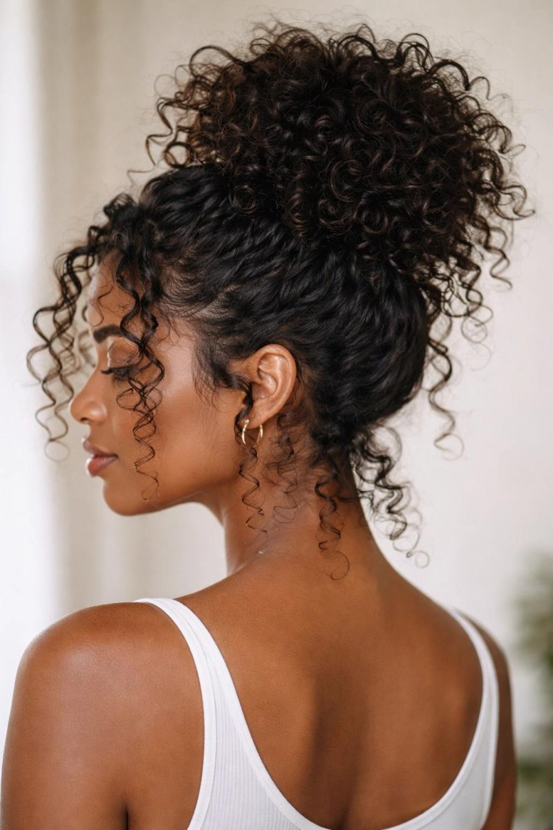 Messy bun mit locken mit natürlicher Bewegung