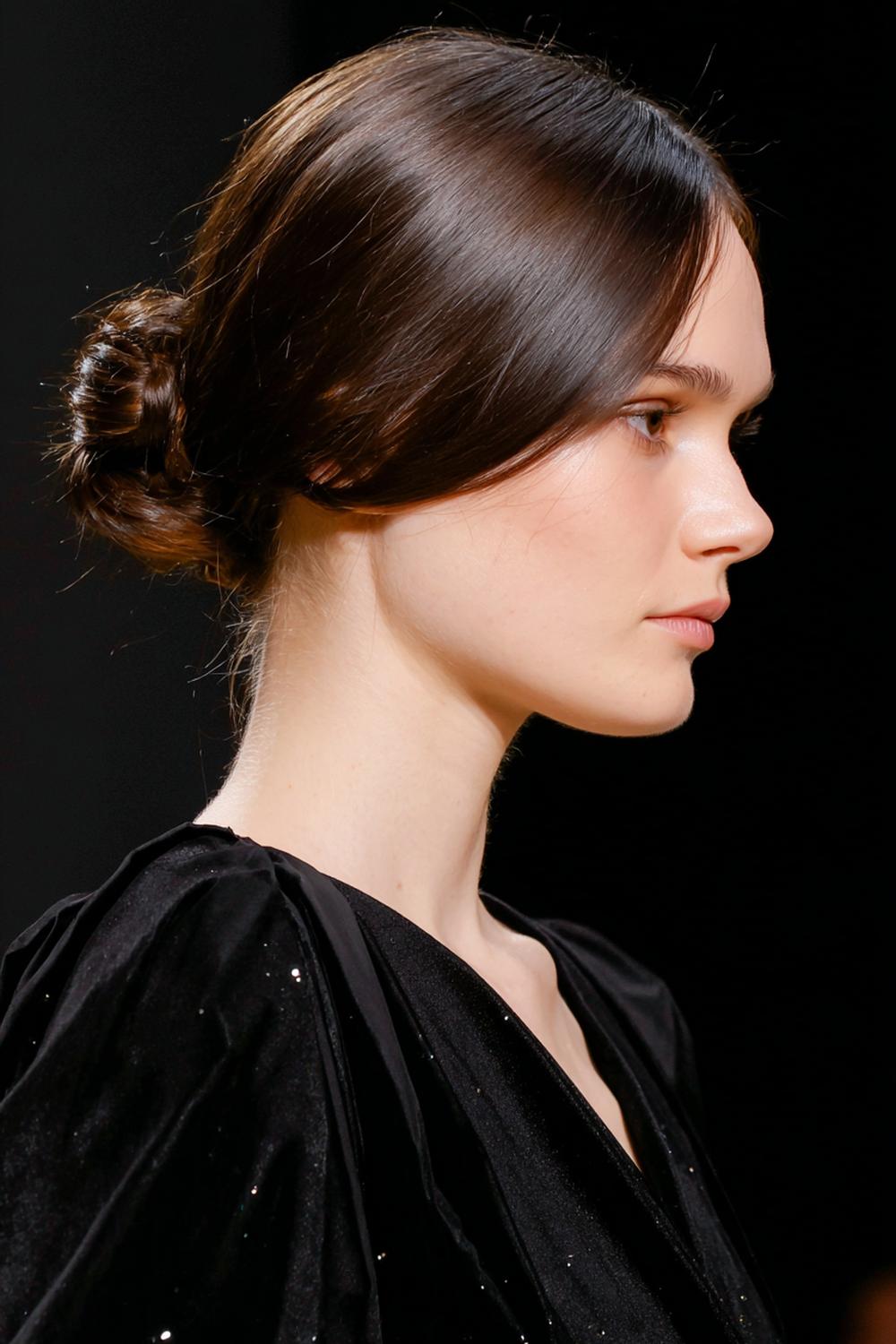 8. Neue Frisuren 2026: Sleek Low Bun mit Mittelscheitel und Babyhaaren