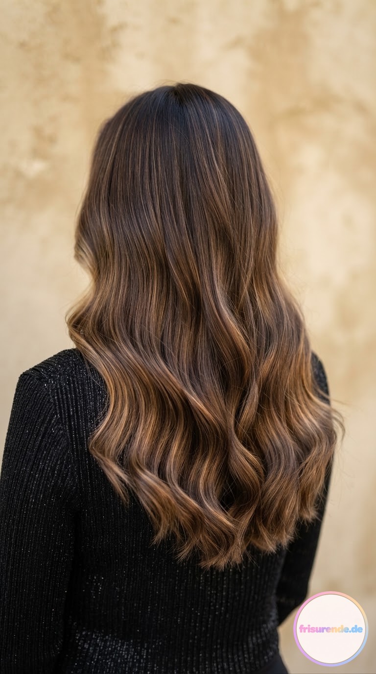 Warme Caramel-Balayage für braunes Haar