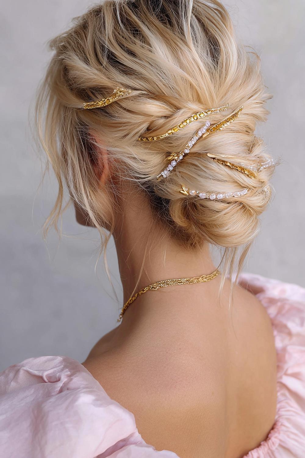 23. Pinterest Haar Inspiration 2026: Messy Bun mit Klammern und goldenen Strähnen-Akzenten