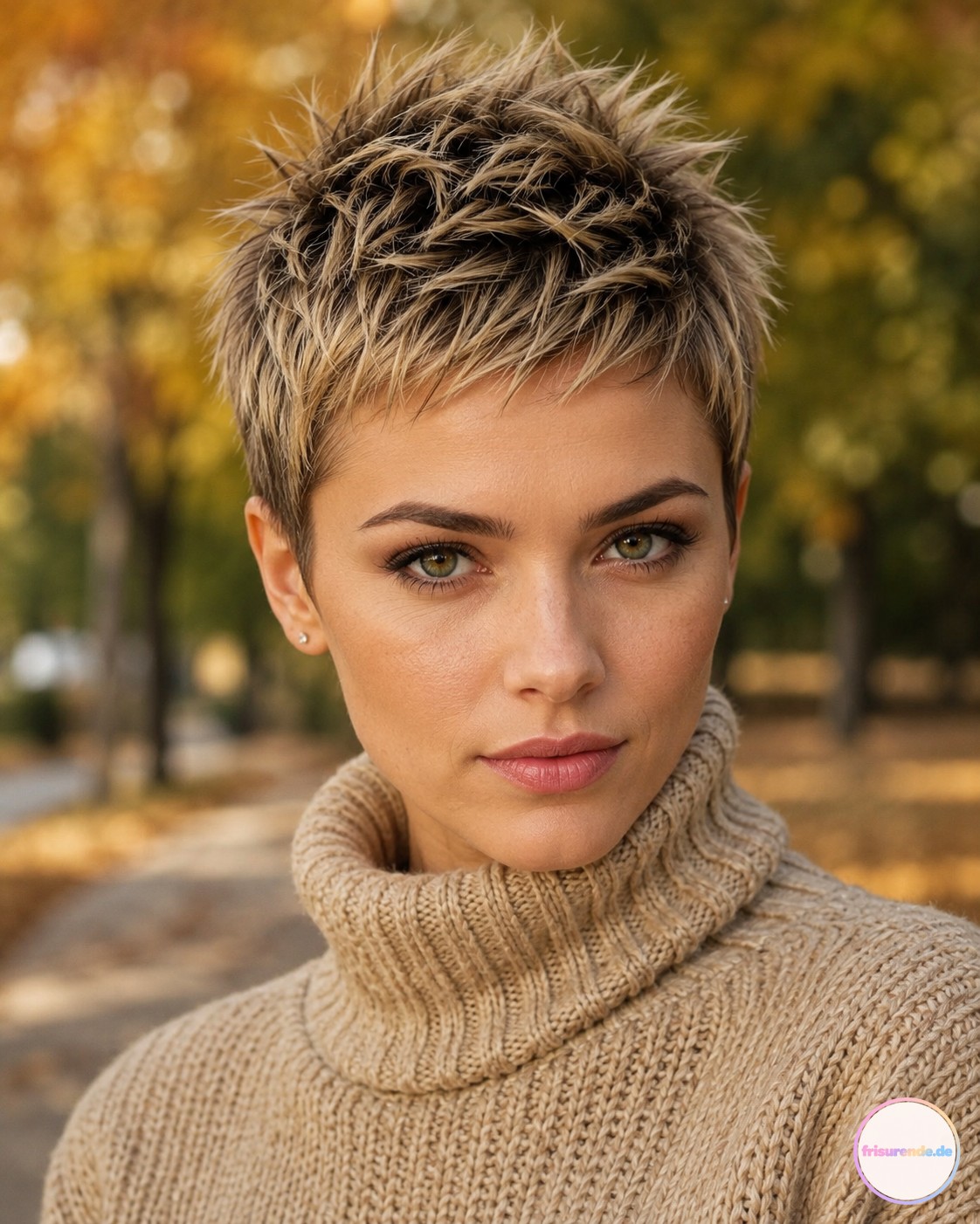 Karamell-Balayage-Pixie Cut mit texturiertem Oberkopf für alltagstaugliche kurze Haare