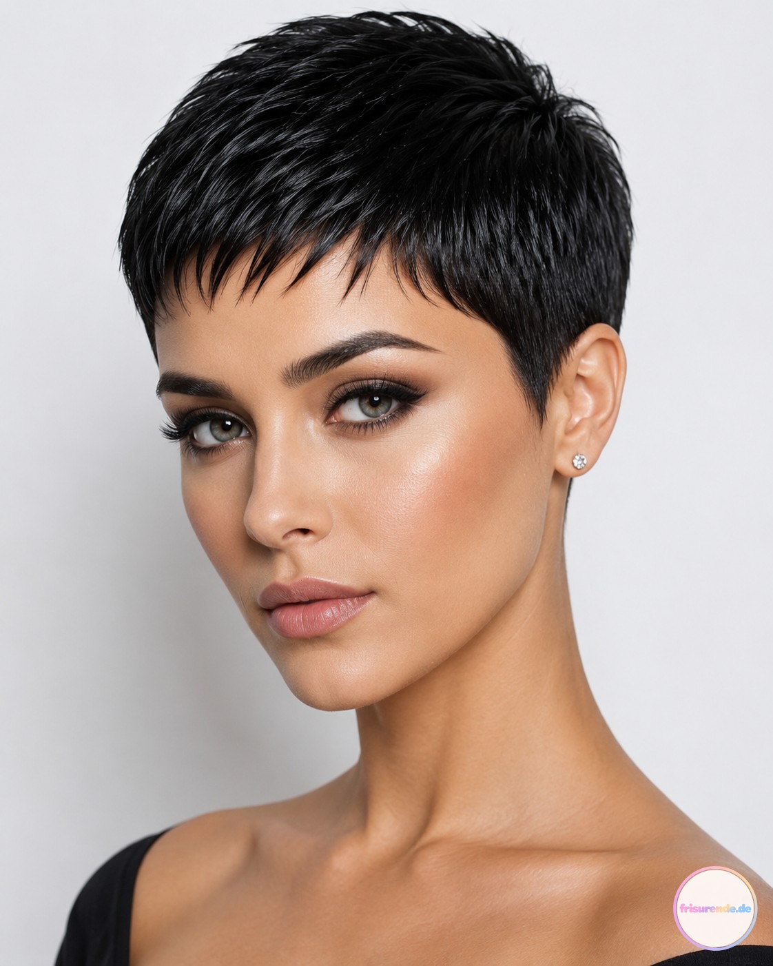 Tiefschwarzer glatter Pixie Cut mit klaren Linien als zeitloser Schnitt für kurze Haare