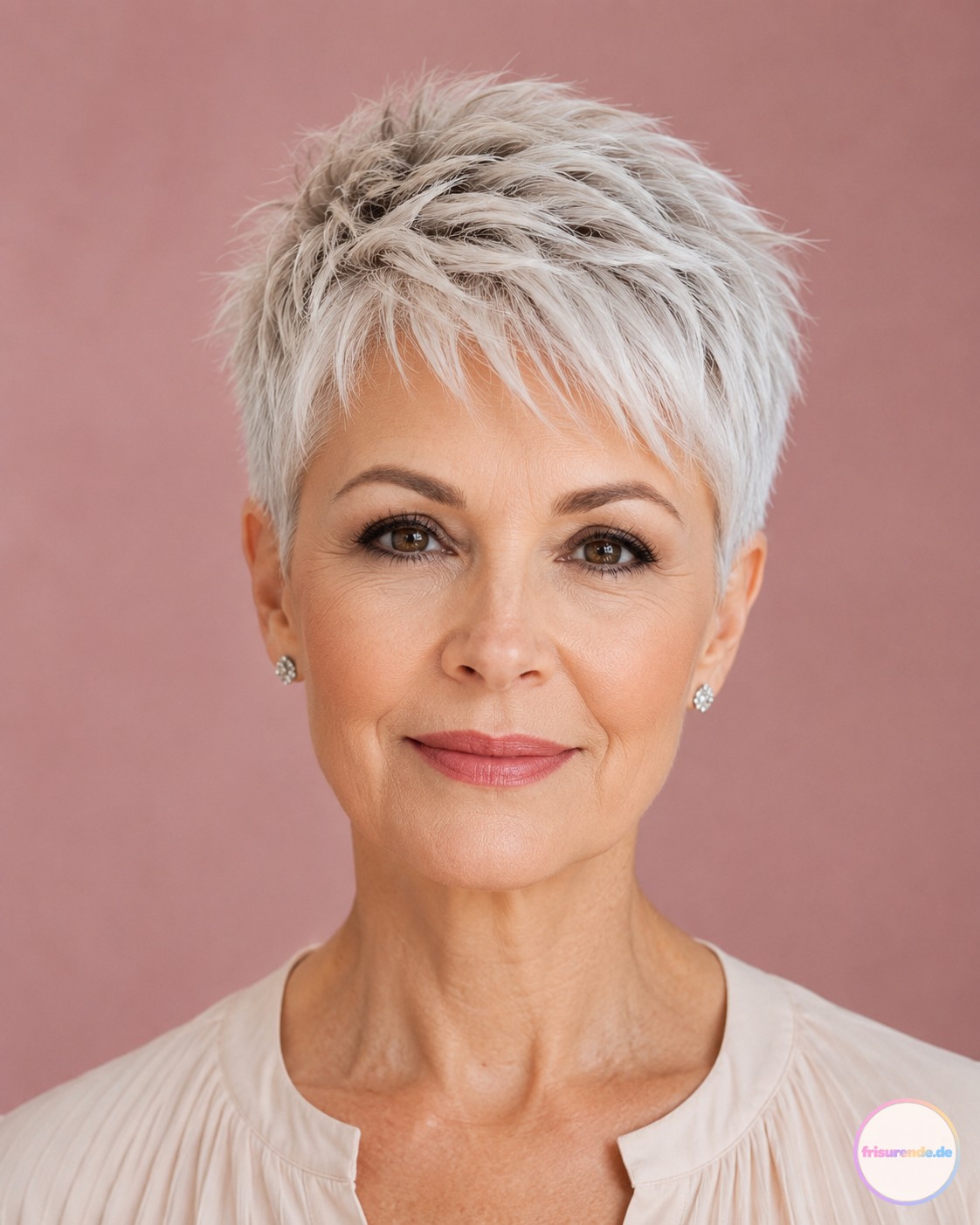 Weicher weißer Pixie Cut mit Feder-Layern für elegante kurze Haare im reiferen Alter
