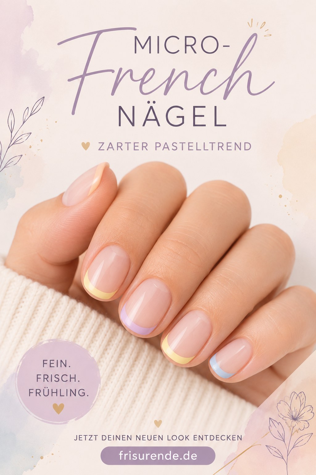 Micro-French Nägel mit hauchdünnen Pastelllinien zeigen eine dezente Version der Sommer Nägel 2026.
