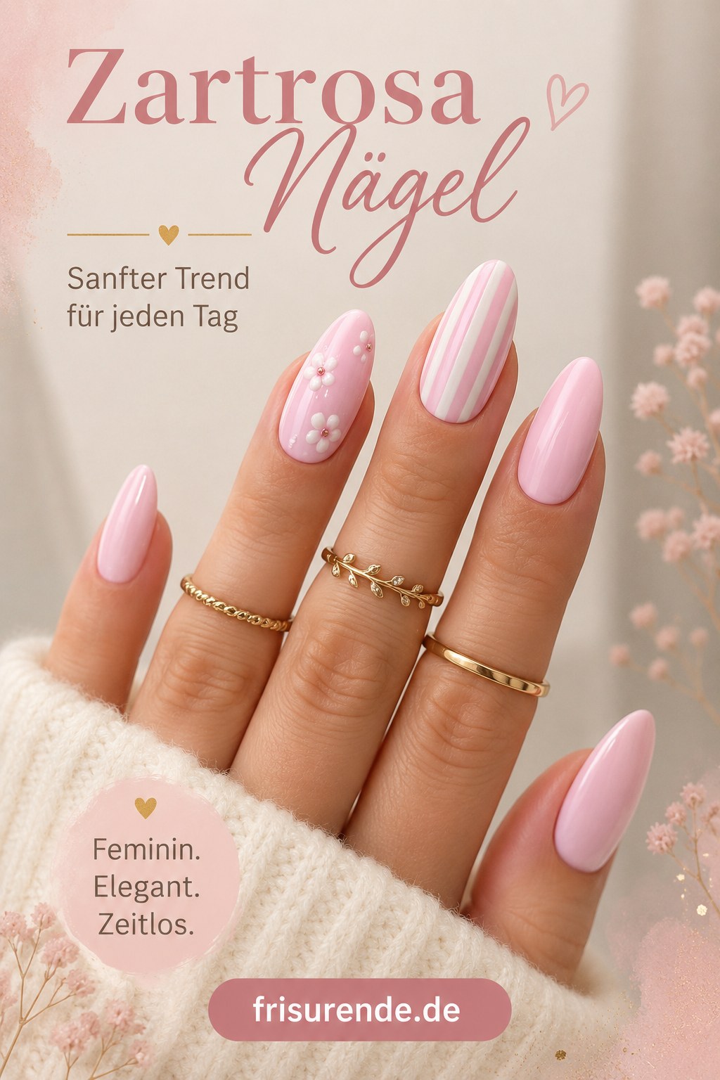Zartrosa Nägel mit Streifen und kleinen Blüten stehen für einen femininen Sommer Nägel 2026 Alltagslook.