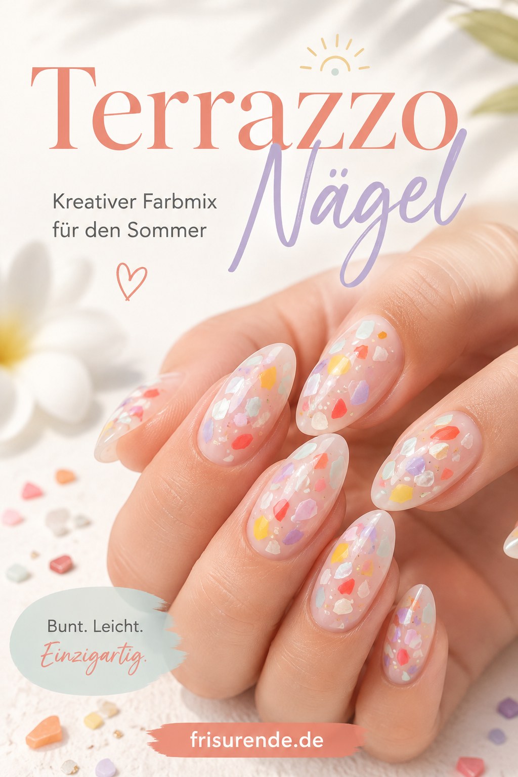 Terrazzo Nägel mit bunten Farbchips auf milchigem Grund gehören zu den verspieltesten Sommer Nägel 2026.