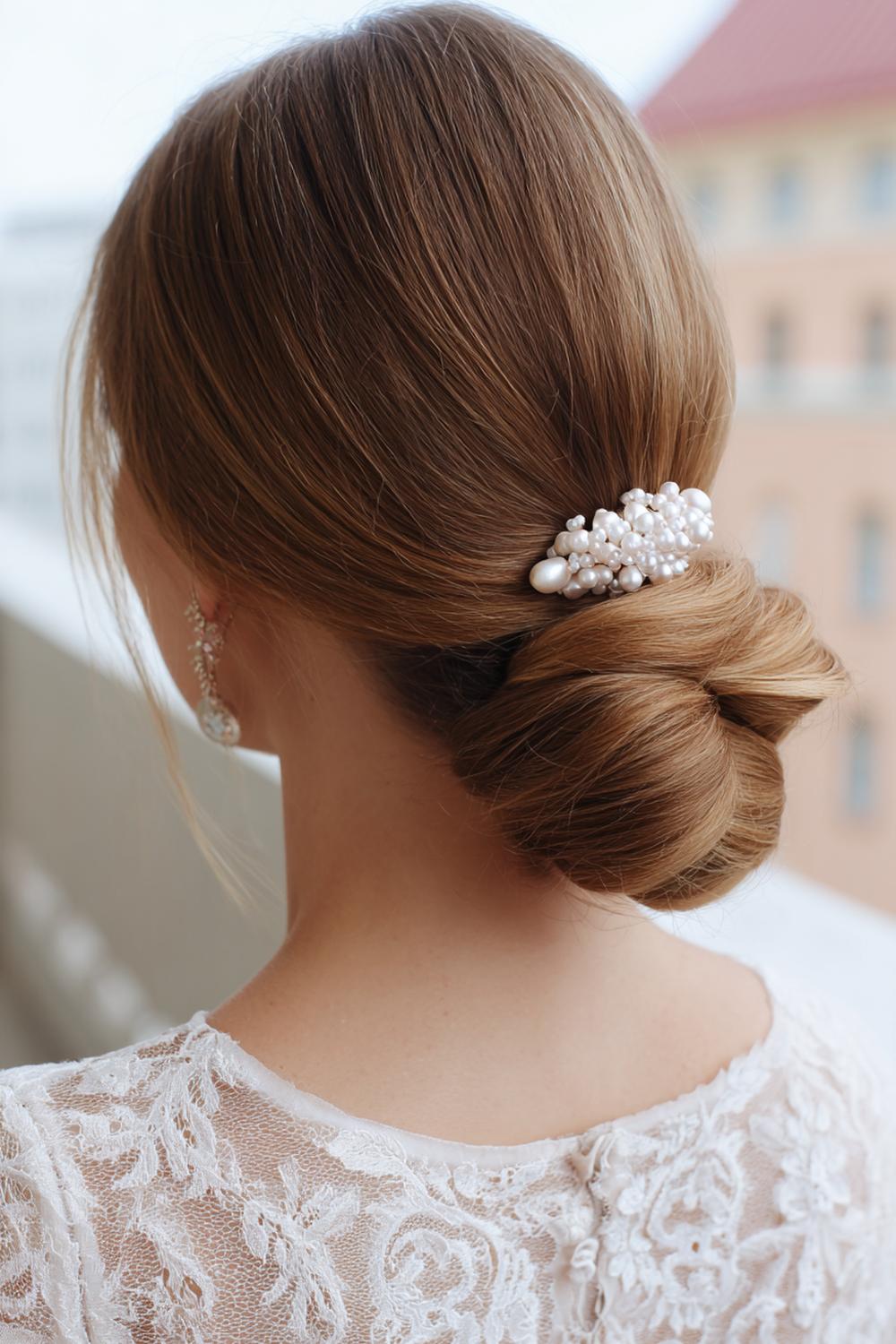 2. Trendige Haarideen 2026: Sleek Low Bun mit Perlmutt-Klammer
