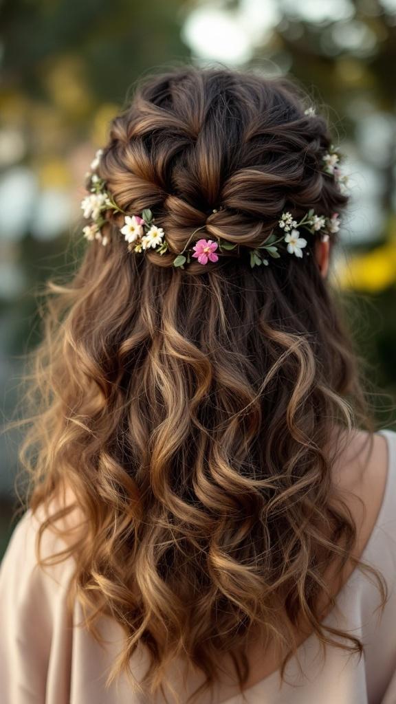 Verspielte Lockenfrisur mit Blumen